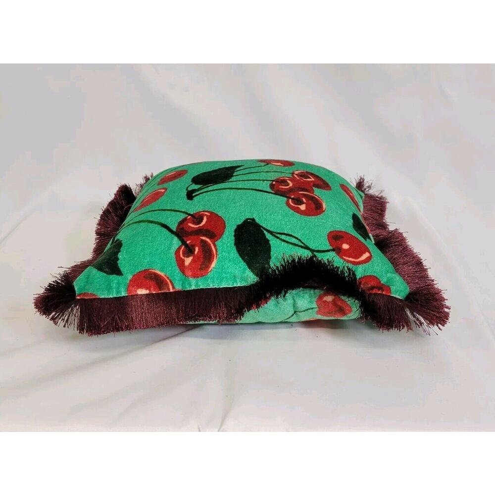 Anthropologie Maeve Le Petit Cherry Velvet Brush Fringe 10" Decorative Pillow - Picture 3 of 10